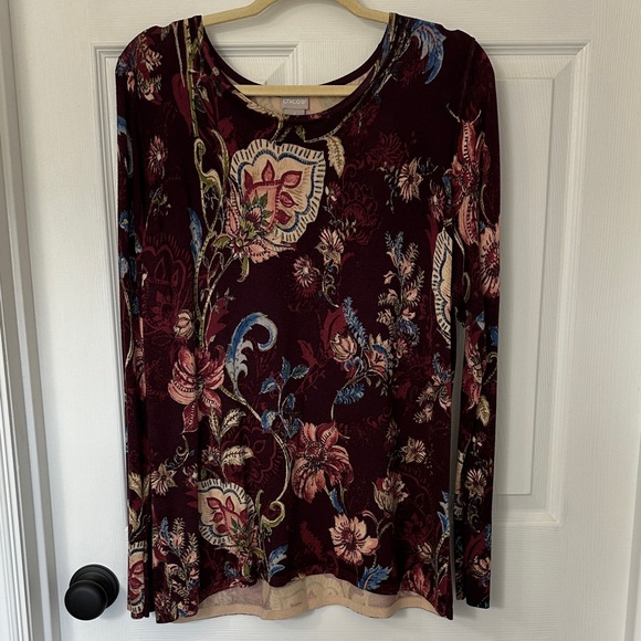 Chico's Burgundy Floral Long Sleeve Blouse - Picture 1 of 4
